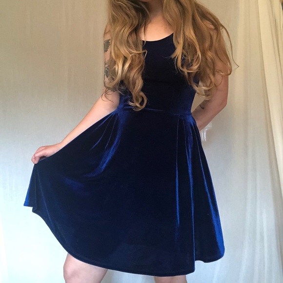 blue velvet skater dress Long Sleeve Velvet Skater Dress In BLUE
